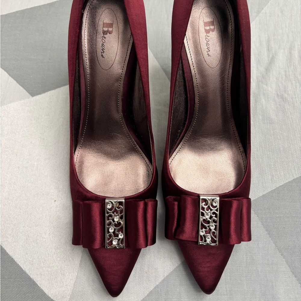 Browns Burgundy Satin Heels with Embellished Bow